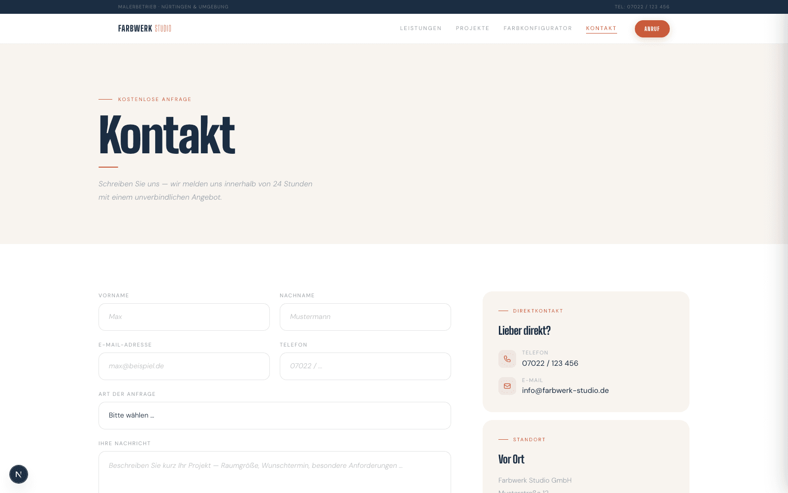 Desktop-Screenshot der Farbwerk Studio Kontaktseite